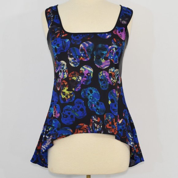 Spoon Jeans Sugar Skull High Low Peplum Tank Top Blouse Neon Colors Blue Black M - Picture 14 of 14